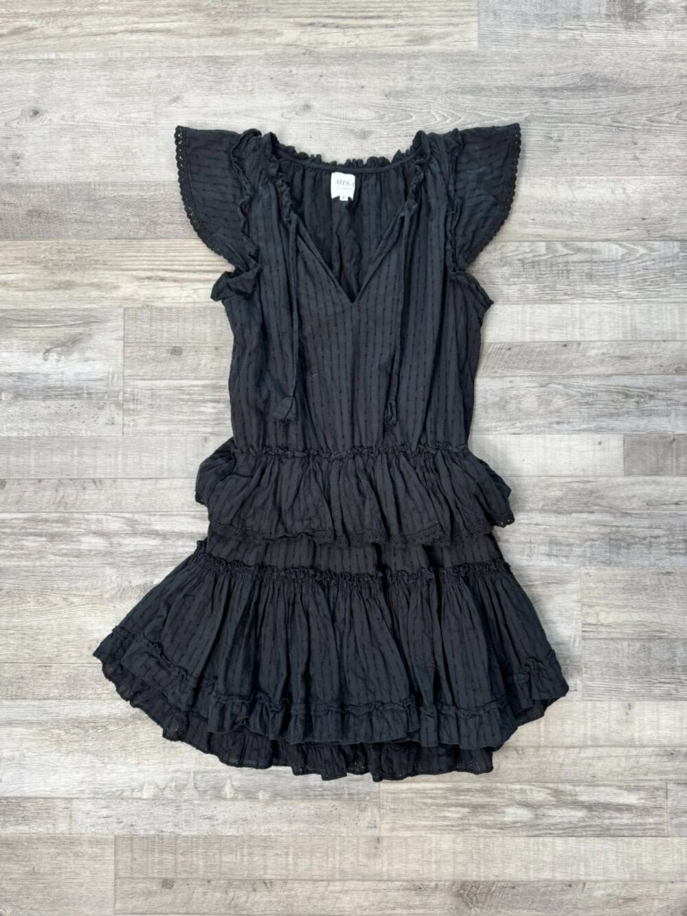 Misa Los Angeles Black Eyelet Tiered Mini Dress Size Medium Flutter Sleeve C33